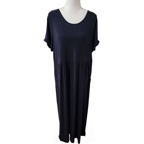 J. Jill Dress Sz L Black Maxi Dress w/ Pockets Jersey Knit Scoop Neck Loose Fit - Picture 1 of 5